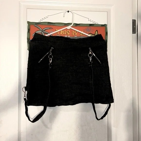 GOTHIC PUNK SUSPENDER DARK GREY BODYCON SKIRT WITH SILVER DETAILS - Picture 1 of 8